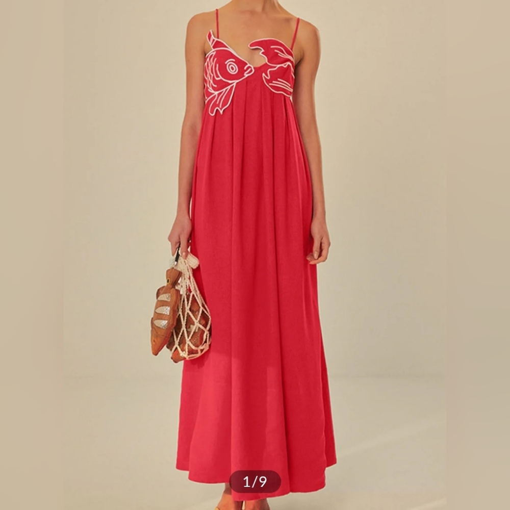 Embroidered Fish Semi-Sheer Cami Dress